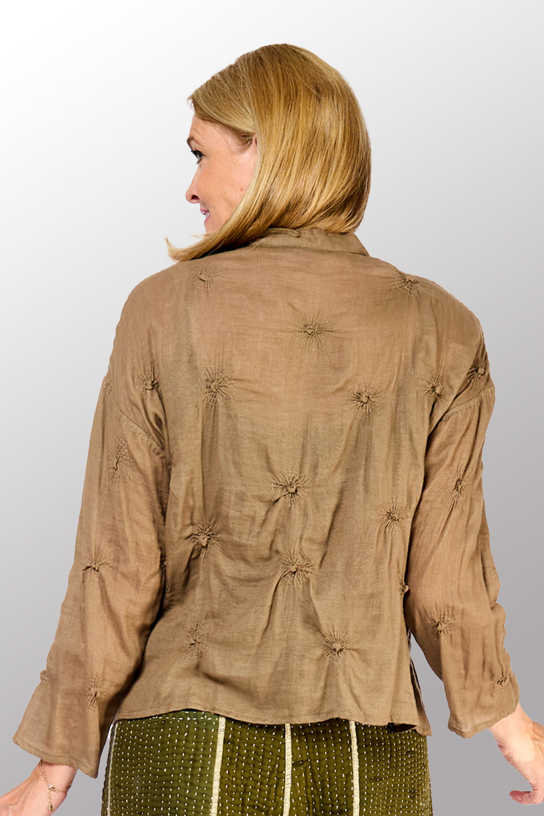 GAUZE SHIBORI GARMENT KANTHA SPIRAL KANTHA V-NECK LONG SLV. TOP - bl-gg2593-ntl -