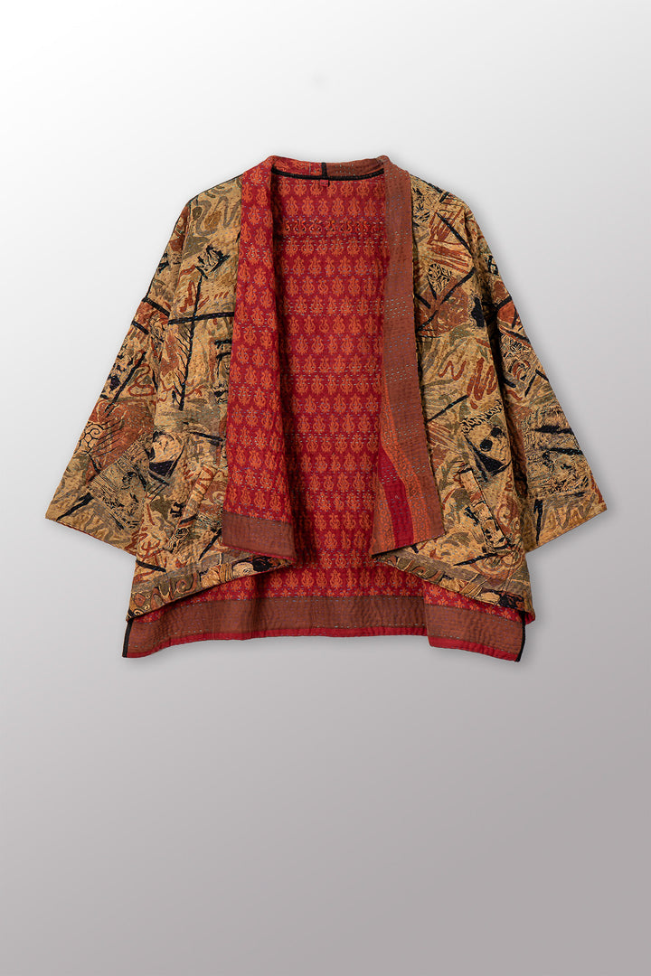 VINTAGE SILK GEORGETTE COTTON KANTHA MINI KIMONO JACKET - gc4055-0002a -