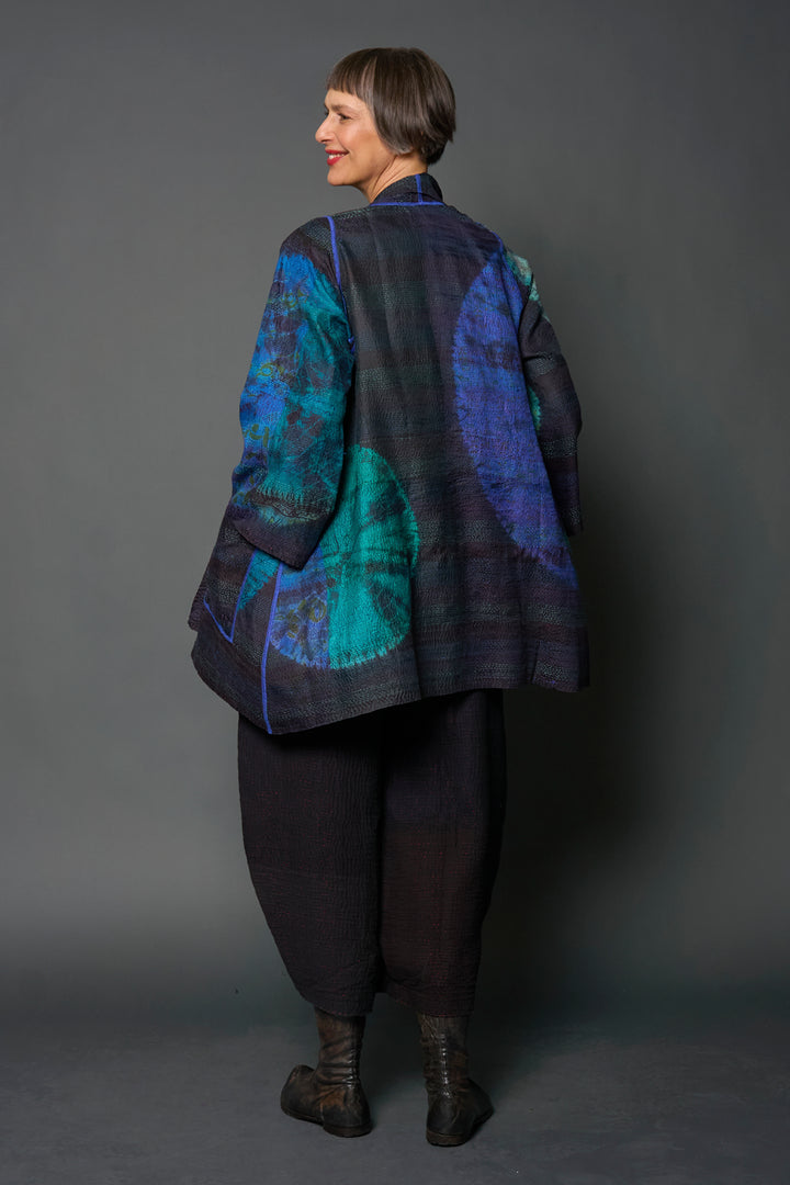 TIE DYE CIRCLE SHIBORI KANTHA A-LINE JACKET - td2003-blu -