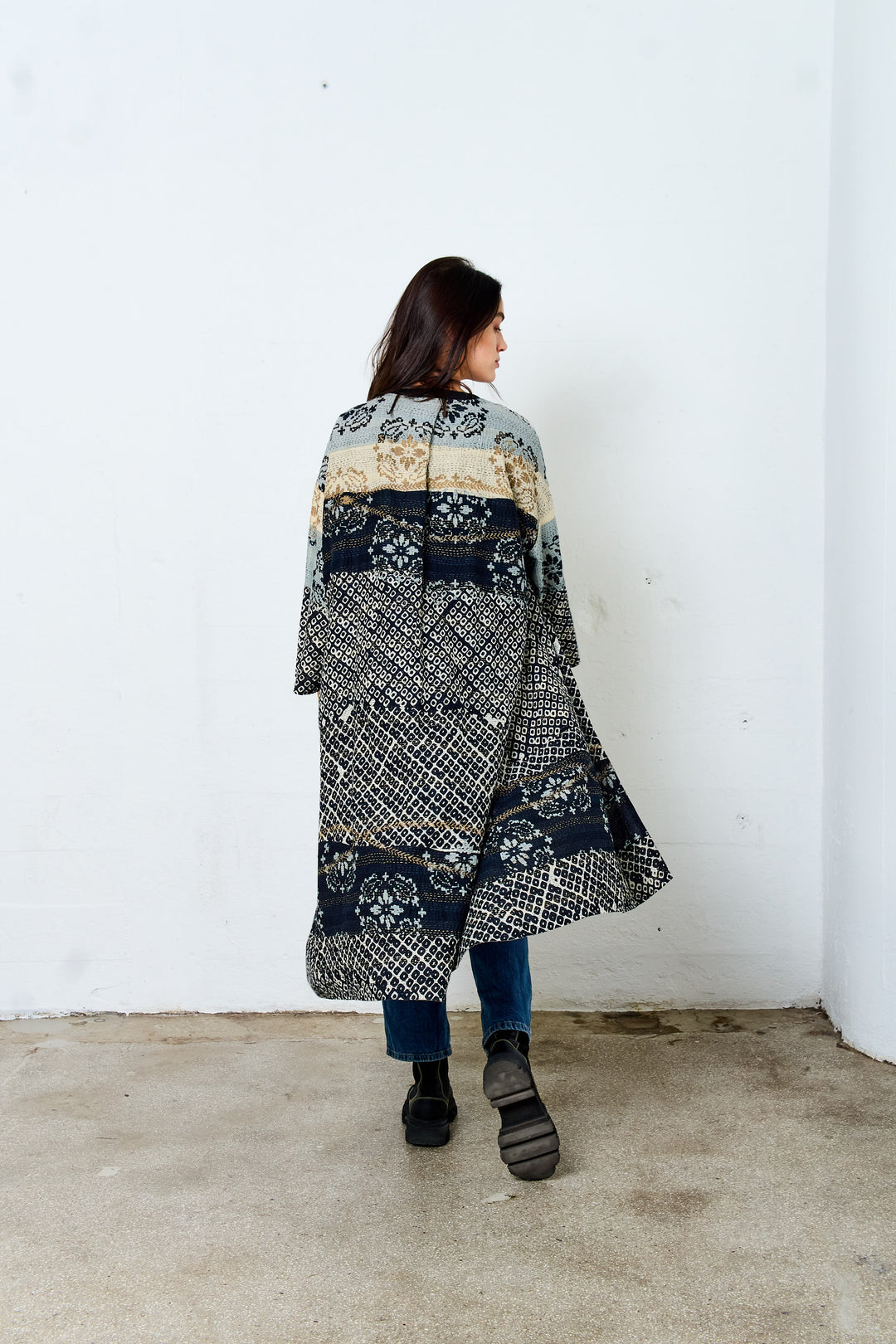KIMONO COTTON KANTHA LONG DUSTER - kc2328-blk -