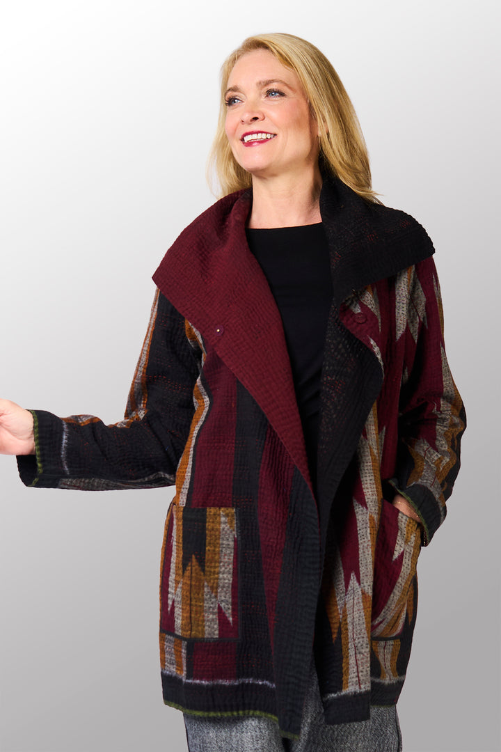 WOVEN HANDLOOM IKAT WITH OMBRE KANTHA POCKET JACKET - wh4002-red -