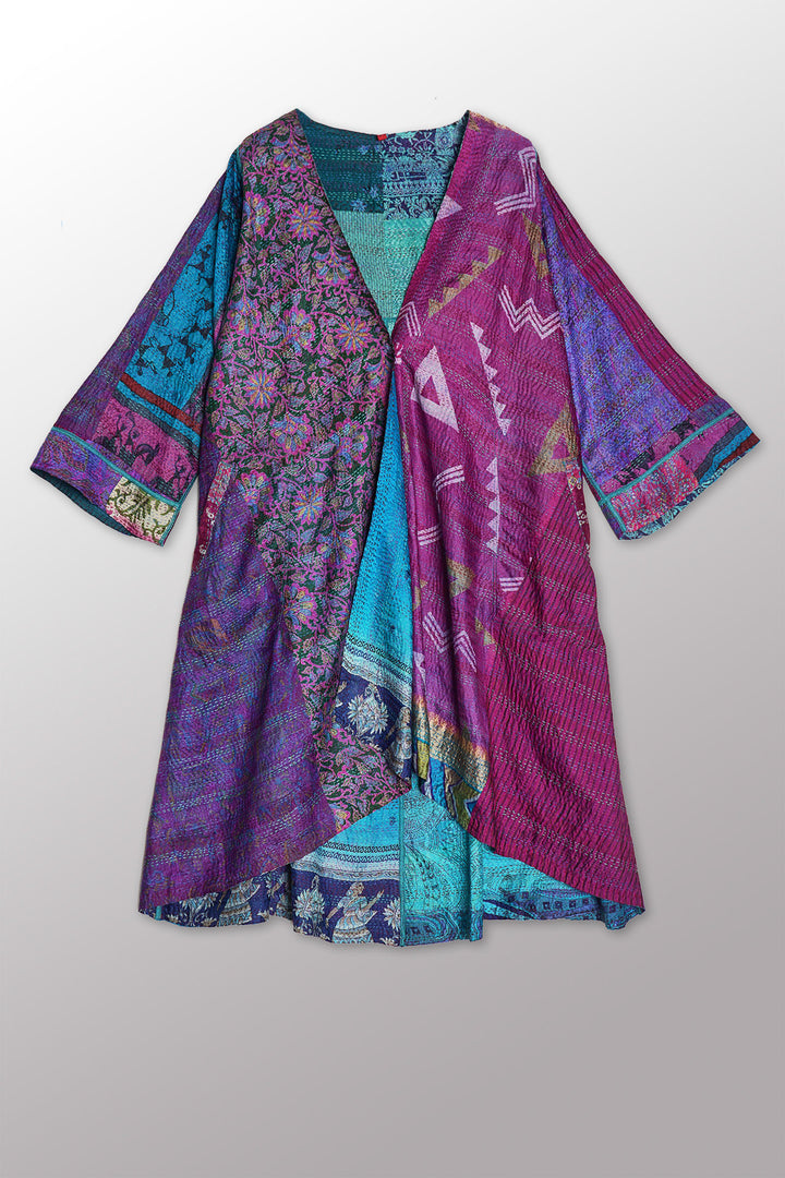 VINTAGE SILK KANTHA WRAP FLARE COAT - sv2330-0003a -