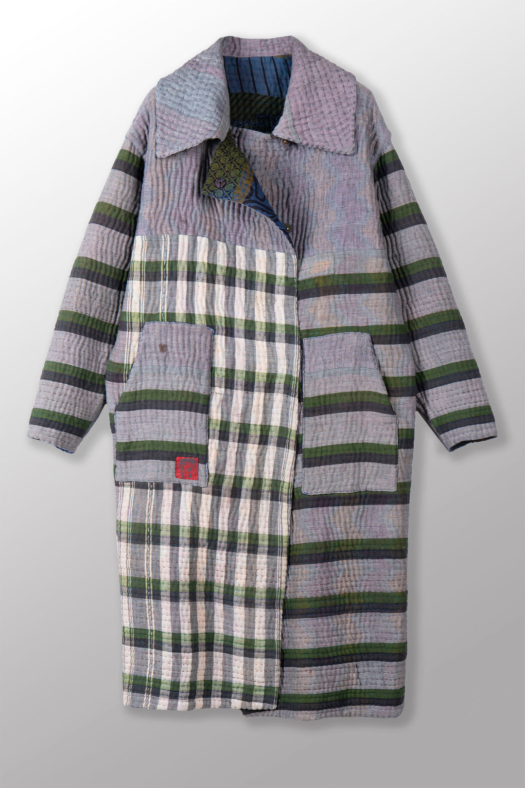 QUILTED OVERDYE COTTON KANTHA DOUBLE BREAST LONG COAT - oq5340-cblu002a -