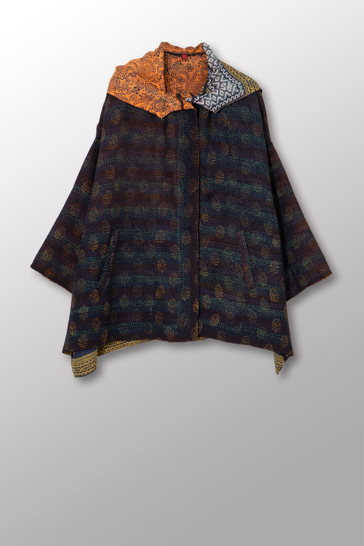 VINTAGE SILK GEORGETTE COTTON KANTHA HOODIE PONCHO - gc2064-0001a -