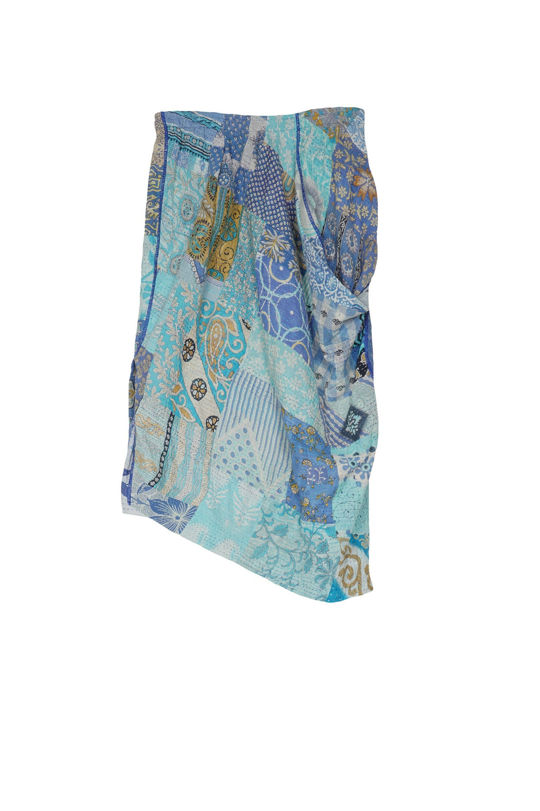 PATCHED PRINT KANTHA POCKET DRAPE LONG SKIRT - pp2601-blu -