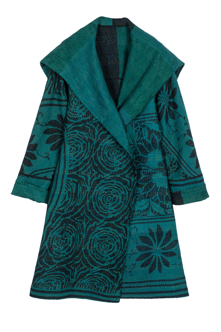 EMERALD GREEN KANTHA A-LINE COAT - eg4309-tel -