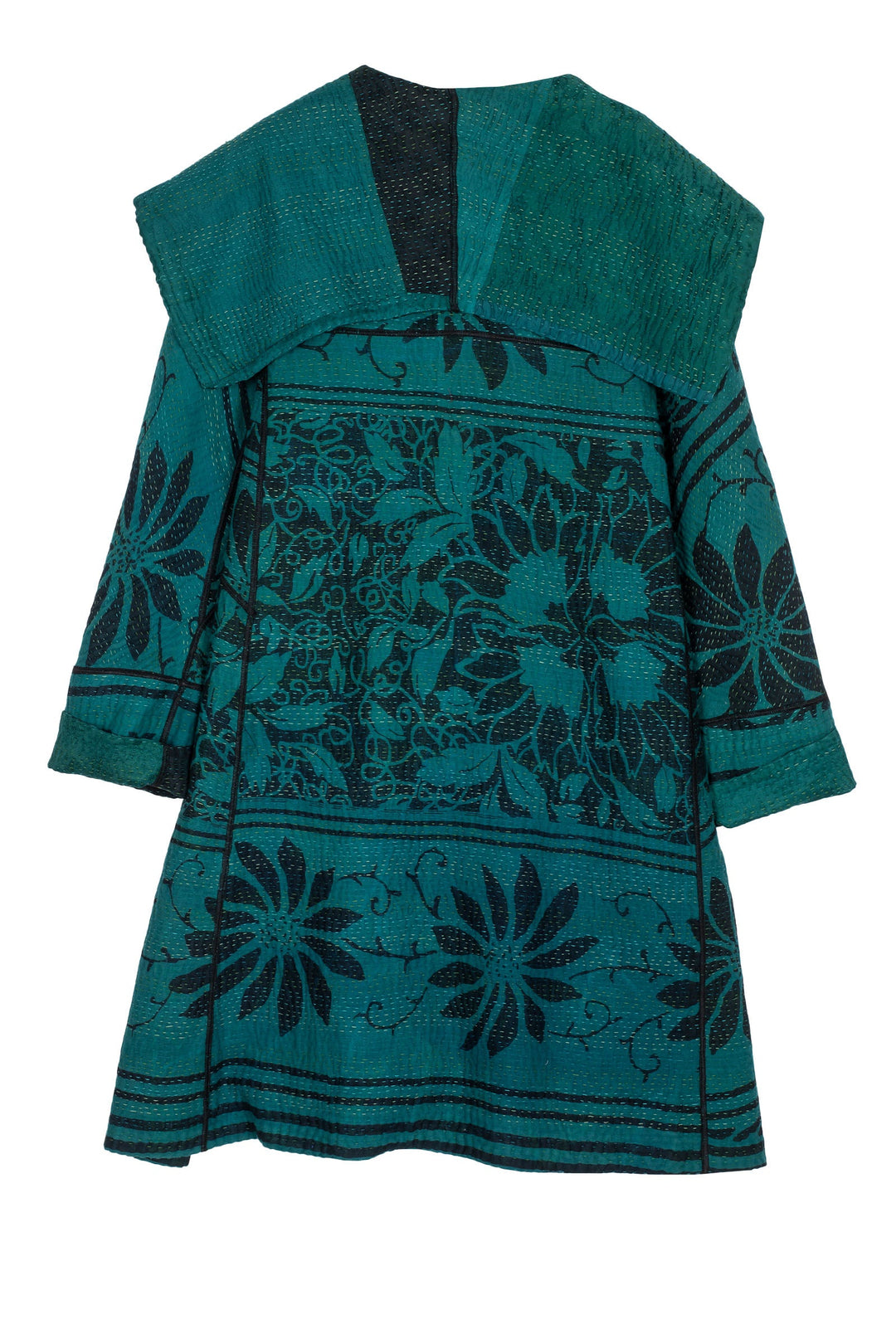 EMERALD GREEN KANTHA A-LINE COAT - eg4309-tel -