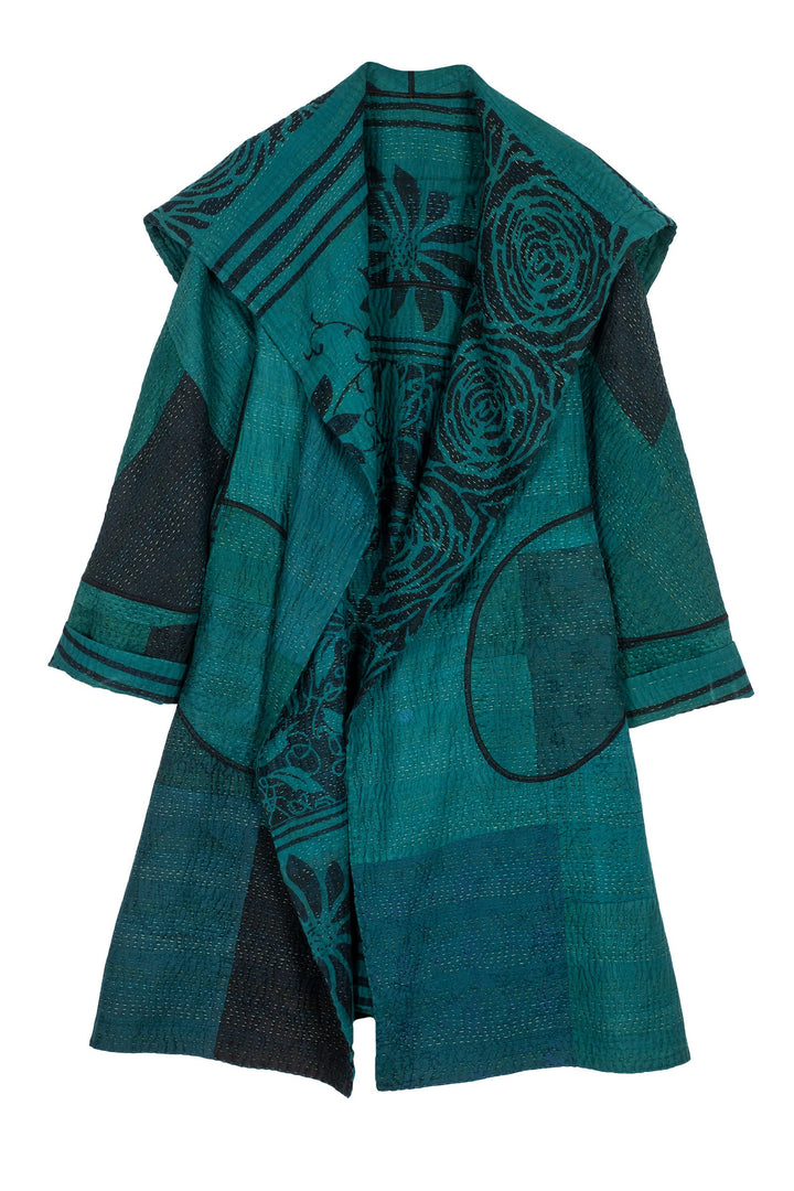 EMERALD GREEN KANTHA A-LINE COAT - eg4309-tel -