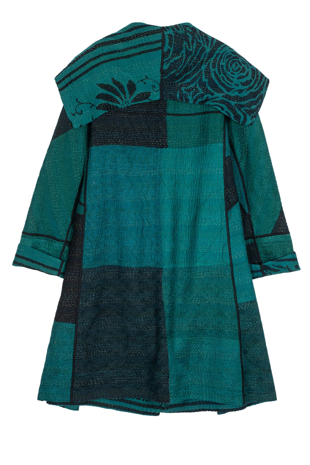 EMERALD GREEN KANTHA A-LINE COAT - eg4309-tel -