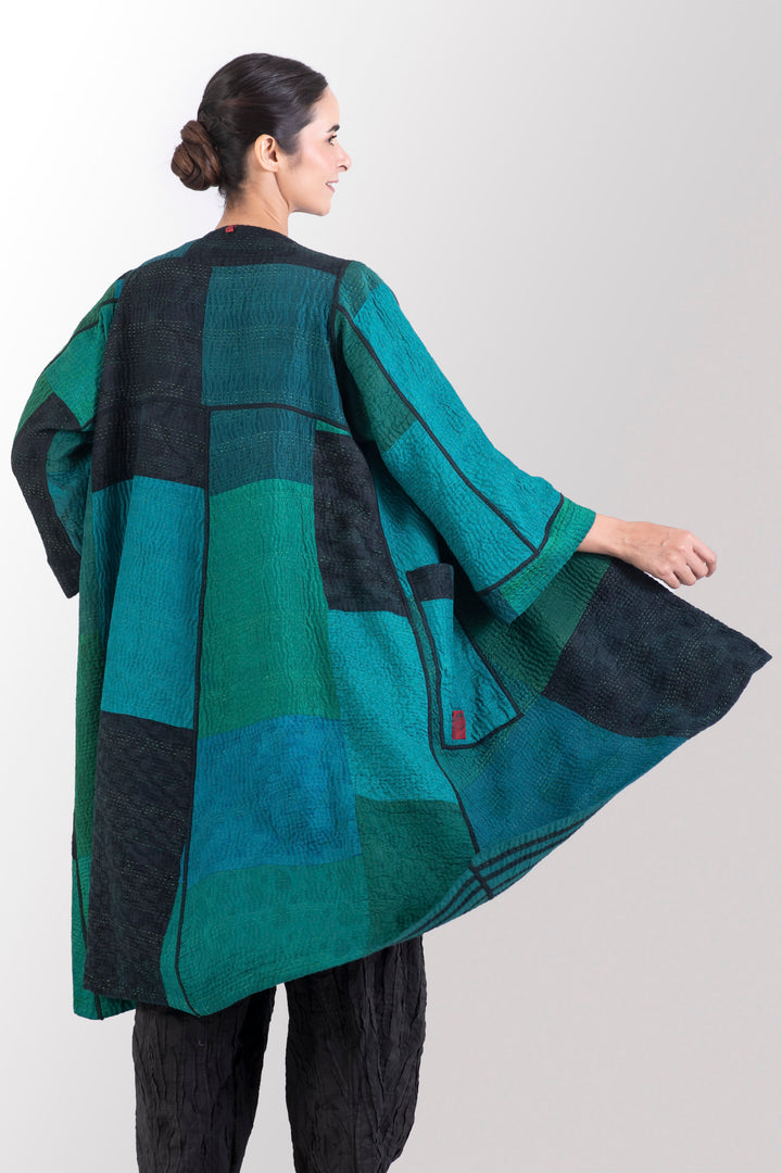 EMERALD GREEN KANTHA WRAP FLARE COAT - eg4330-tel -