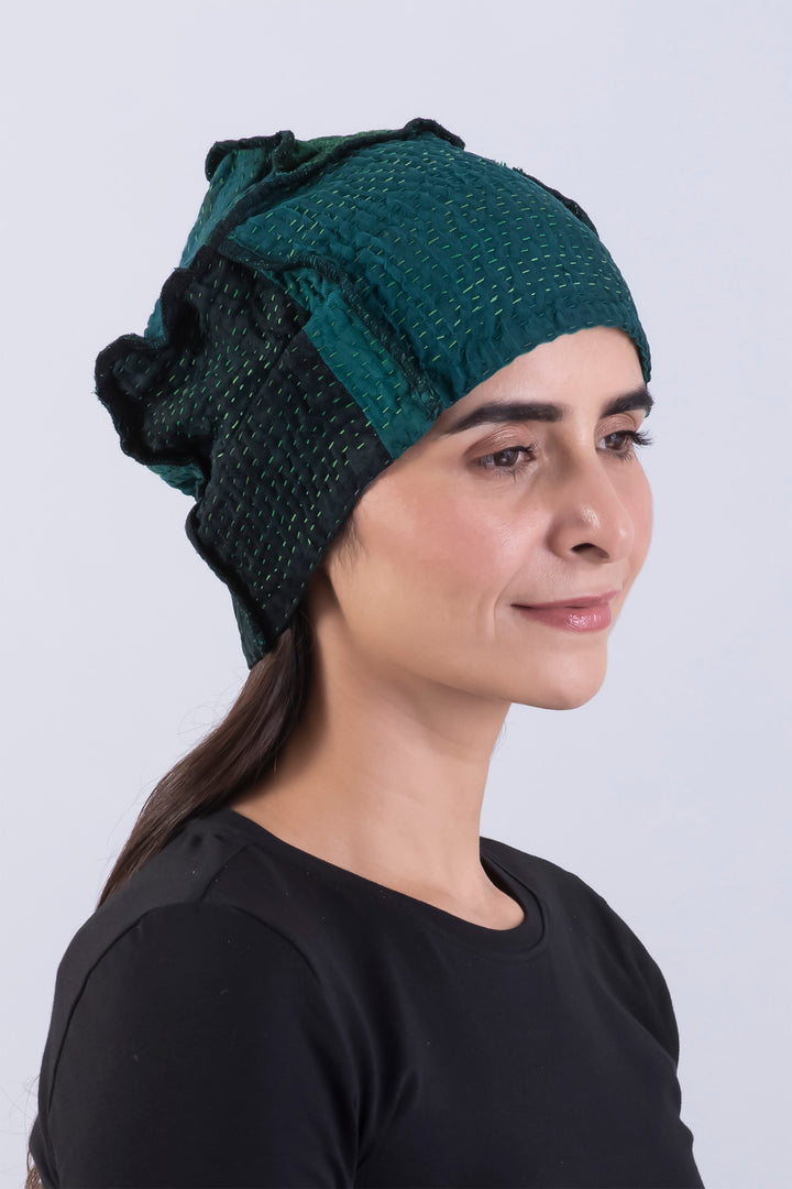 EMERALD GREEN KANTHA PATCHWORK HAT - eg4880-tel -