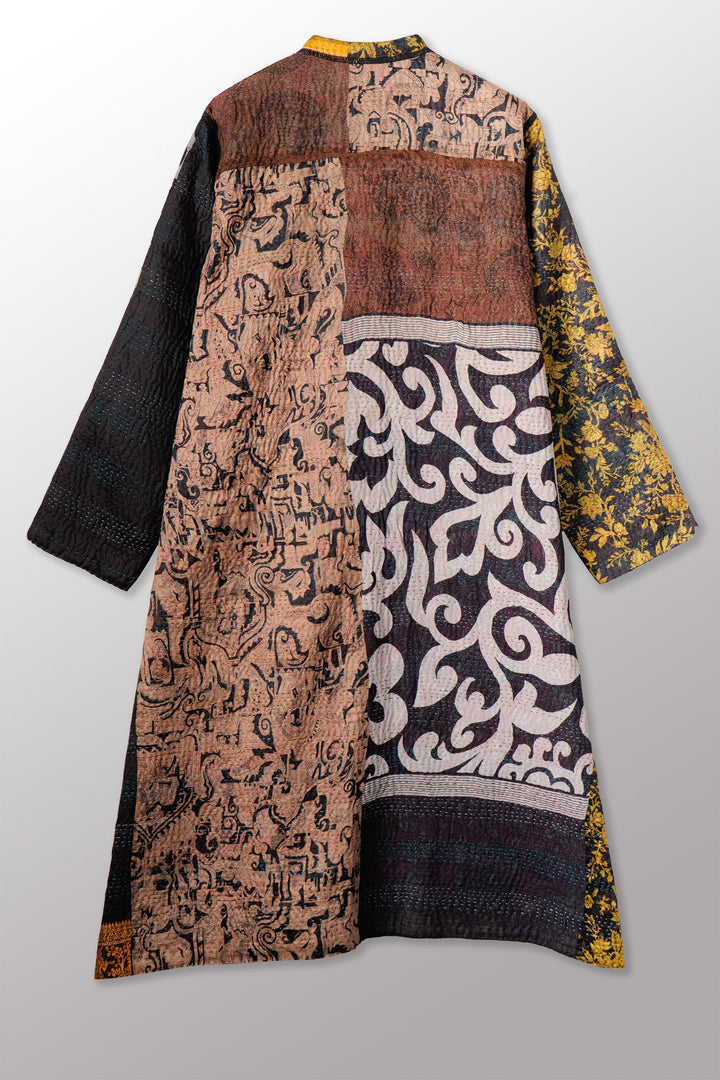 JACQUARD SILK KANTHA KAFTAN COAT - js4343-blk -