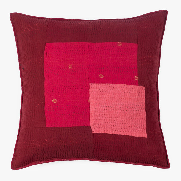 Landscape Fray Patch Vintage Kantha Pillow -Red