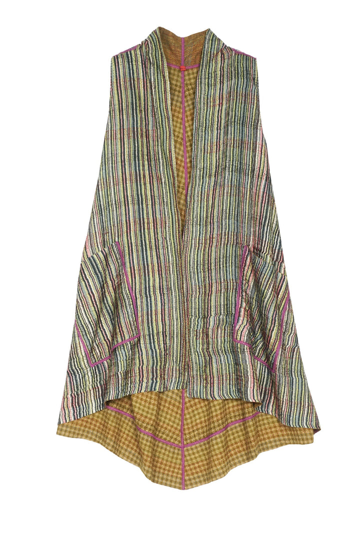 GREEN STRIPE W VINTAGE BACKING KANTHA A-LINE VEST - gt2203-grn -
