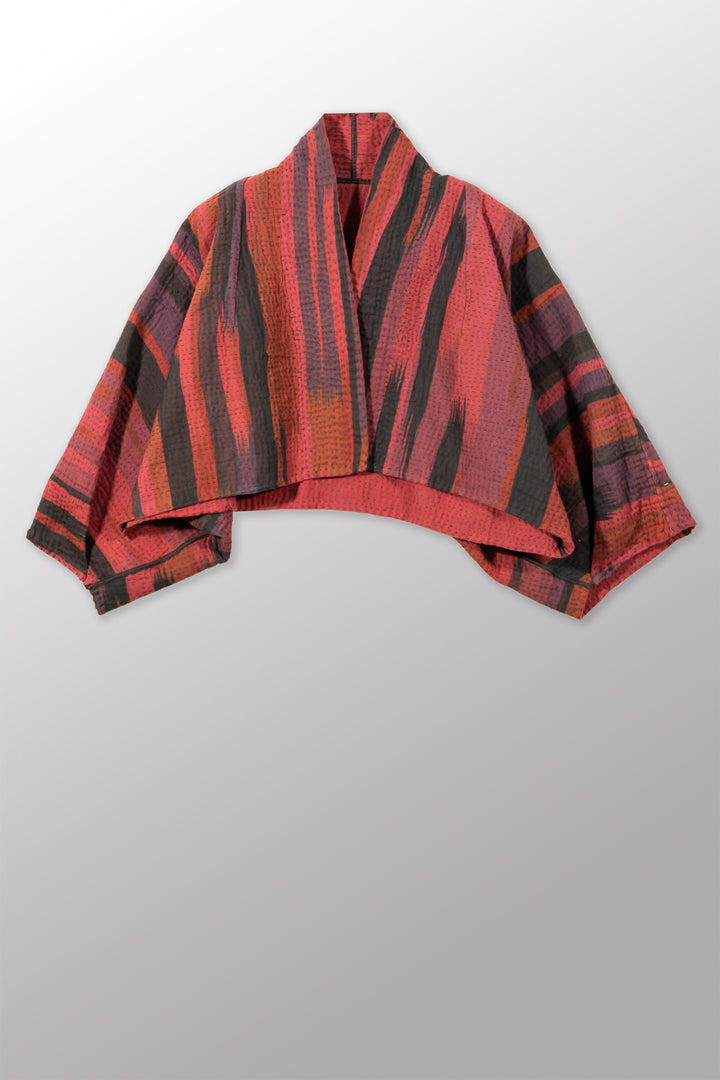 IKAT STRIPE KANTHA PUFF SLV. SHRUG - is4062-red -