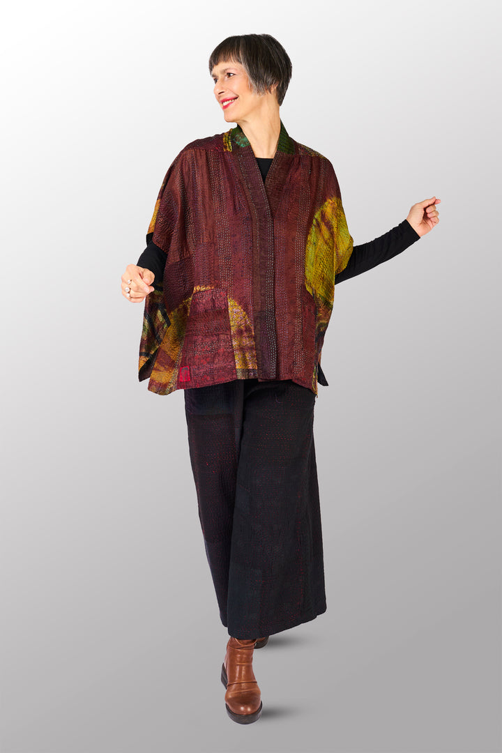 JACQUARD SILK PATCH TIE DYE CIRCLE SHIBORI KANTHA PONCHO TOP - wj2568-grn -