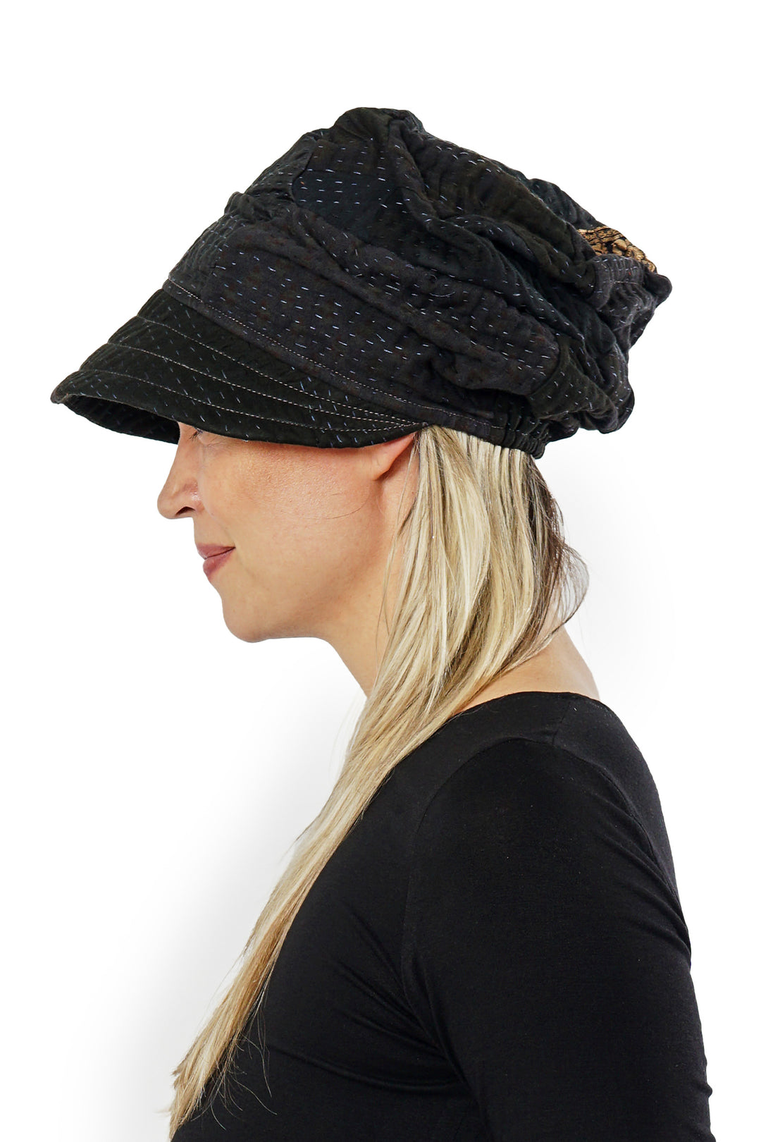 COTTON SILK SW PATCH KANTHA HALF BRIM HAT - ws4881-blk -