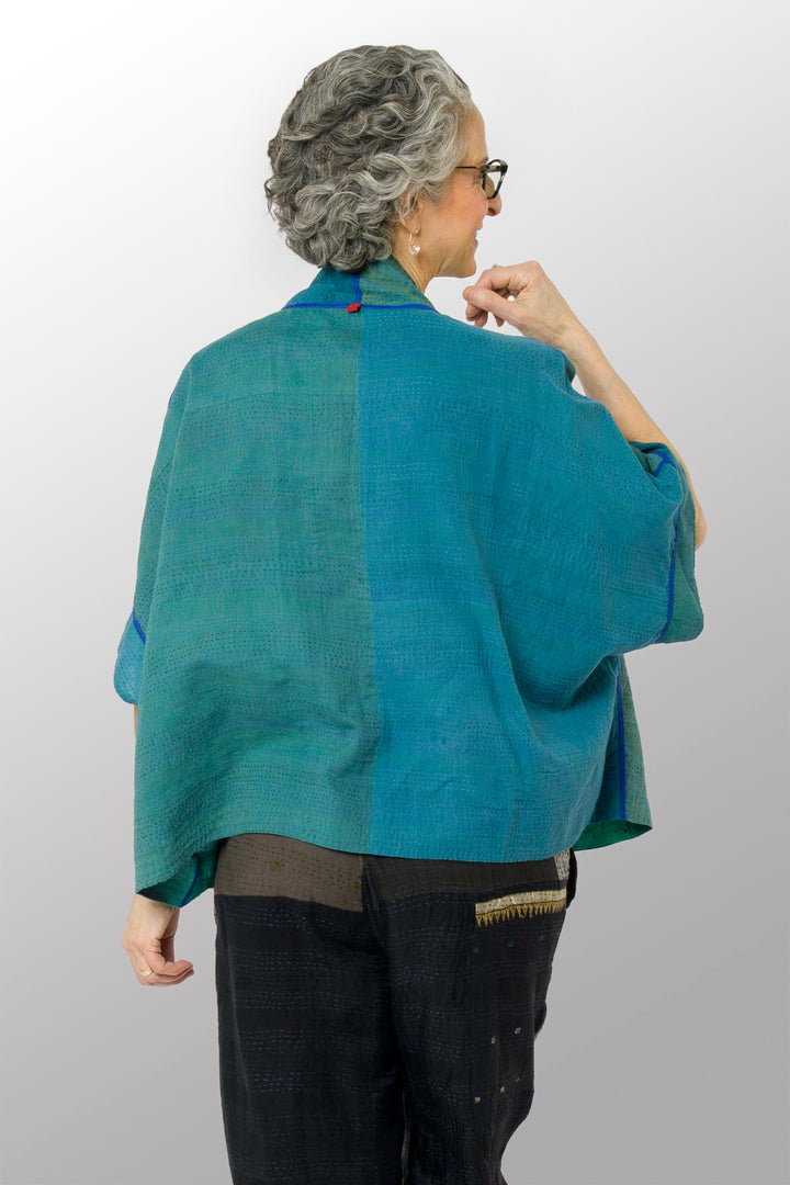 COTTON SILK SW PATCH KANTHA MINI PONCHO - ws2060-tel -