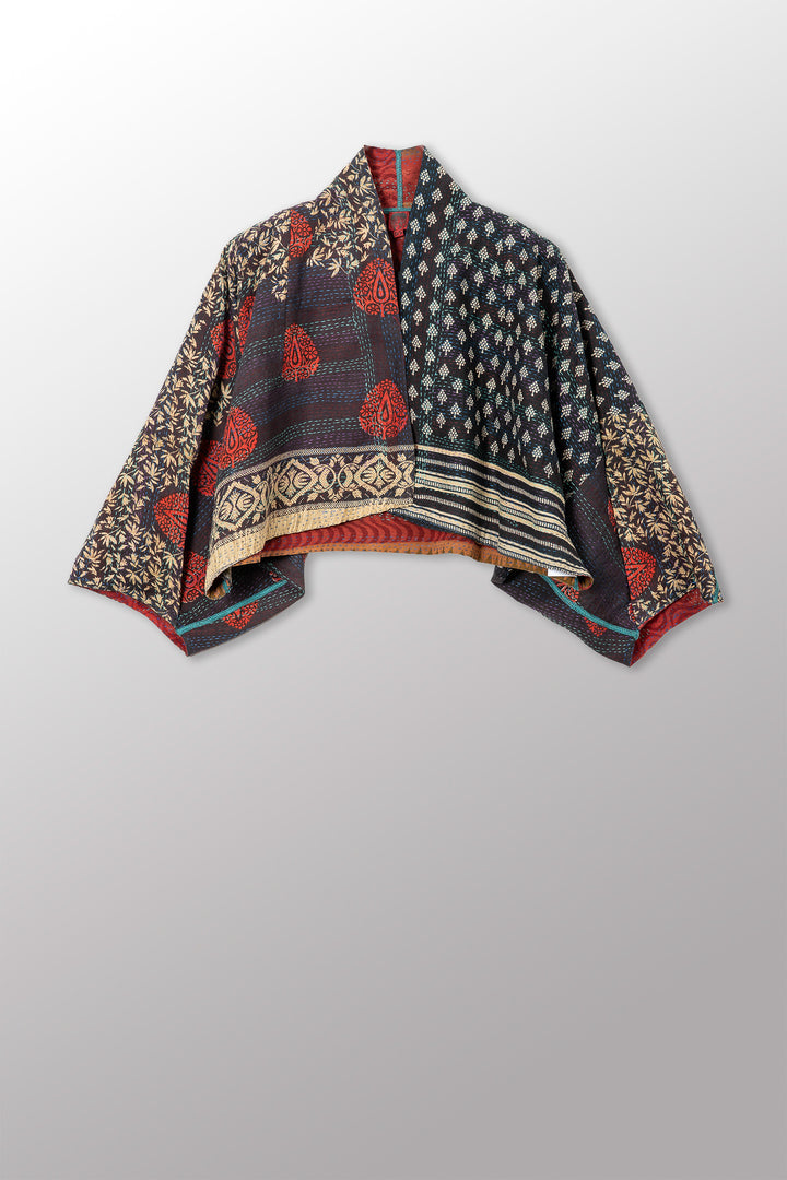 VINTAGE SILK GEORGETTE COTTON KANTHA PUFF SLV. SHRUG - gc2062-0007a -