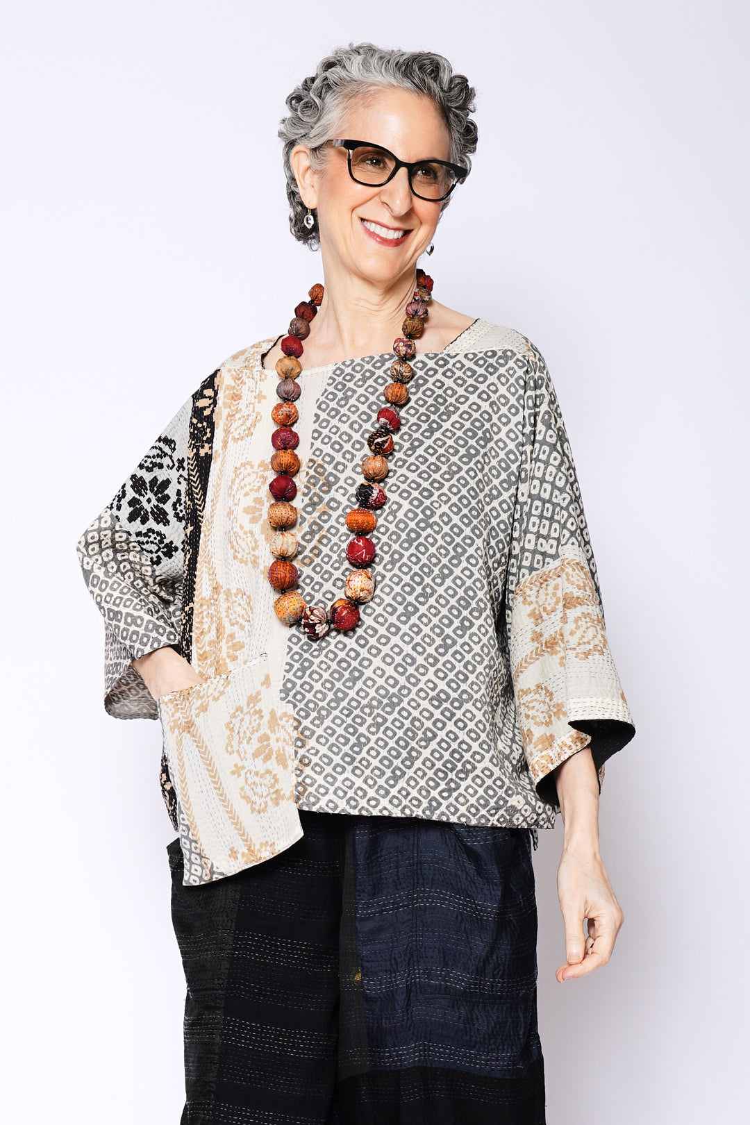 KIMONO COTTON KANTHA 3/4 SLV. CROP TOP MIO - kc2538-gry -