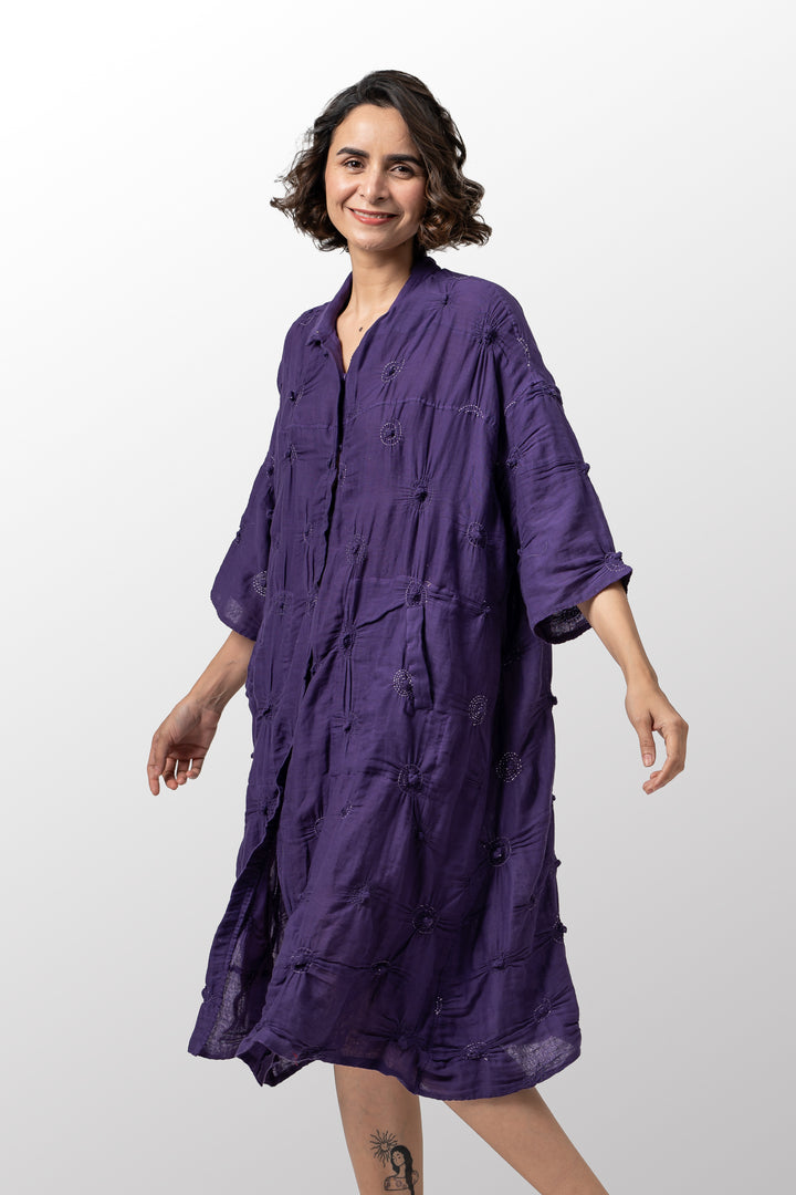 SPIRAL GARMENT KANTHA 3/4 SLV. SHIRT DRESS - sl2464-prp -