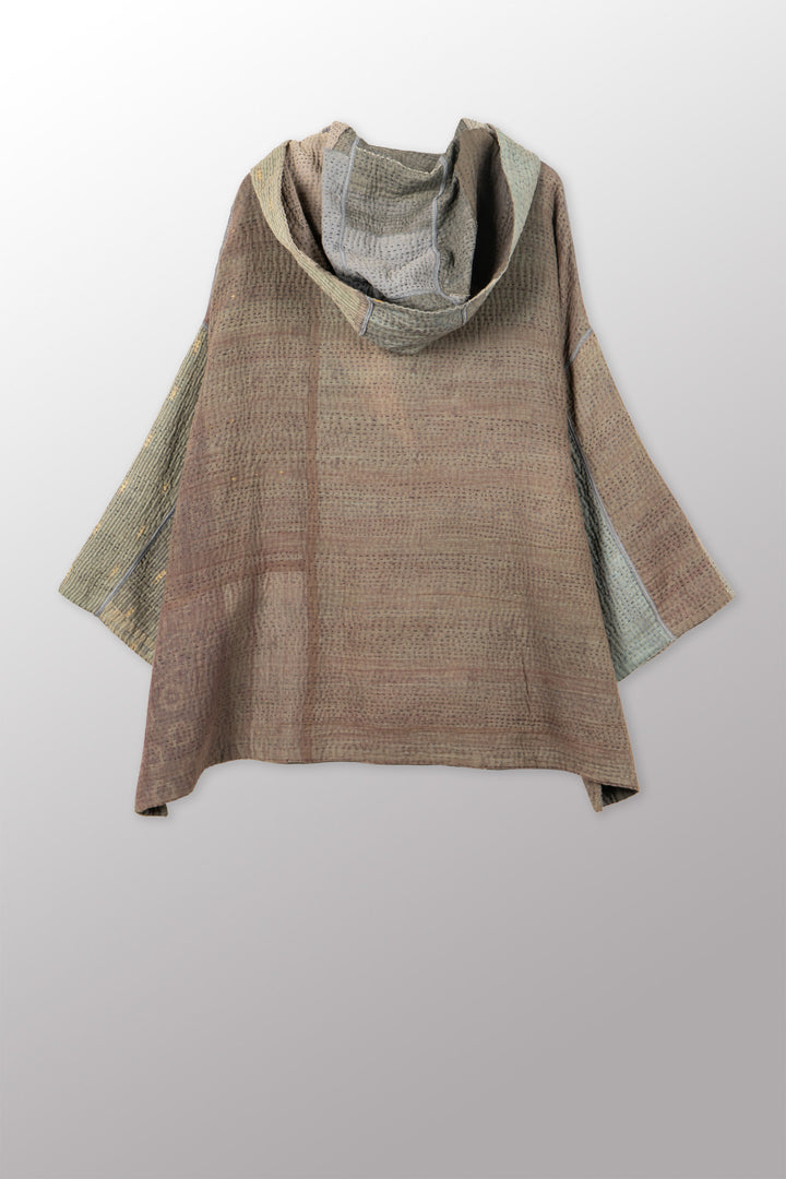 FRAYED PATCH KANTHA HOODIE PONCHO - fi4064-glk -