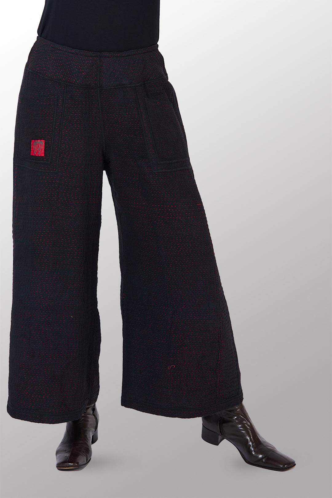 MUJI PATCH KANTHA MID RISE WIDE LEG PANTS - mp4665-blk -