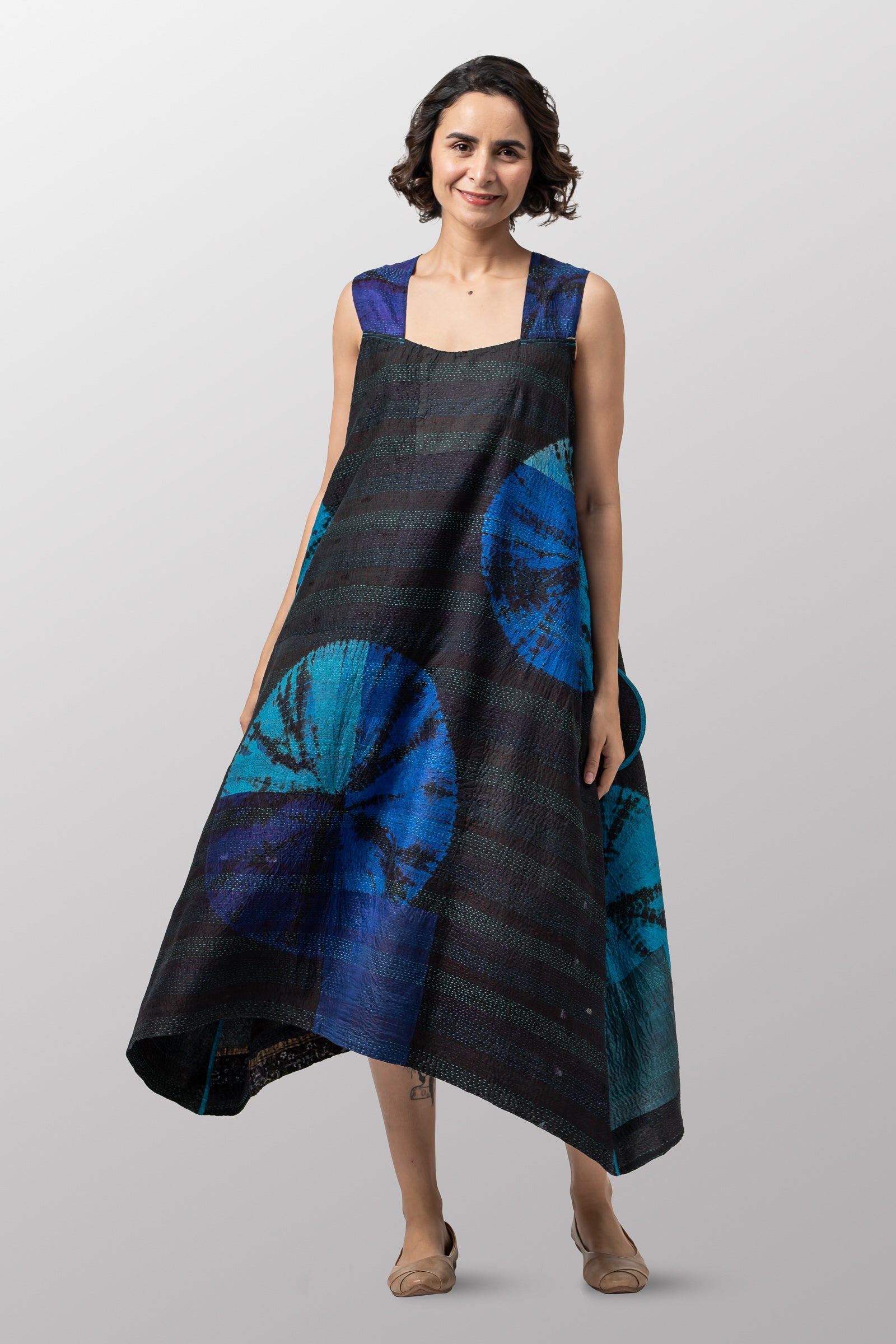 TIE DYE CIRCLE SHIBORI KANTHA TENT DRESS - td2413-blu - – Mieko