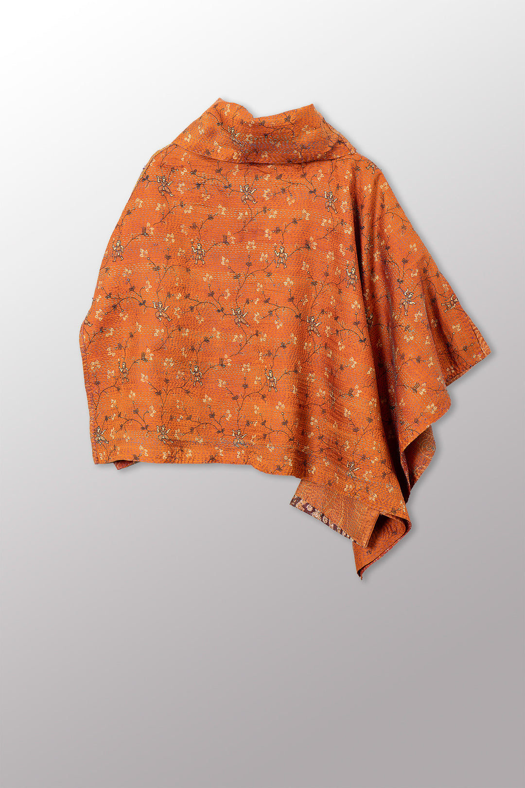 VINTAGE SILK KANTHA COWL NECK LONG CAPE - sv2842-0015a -