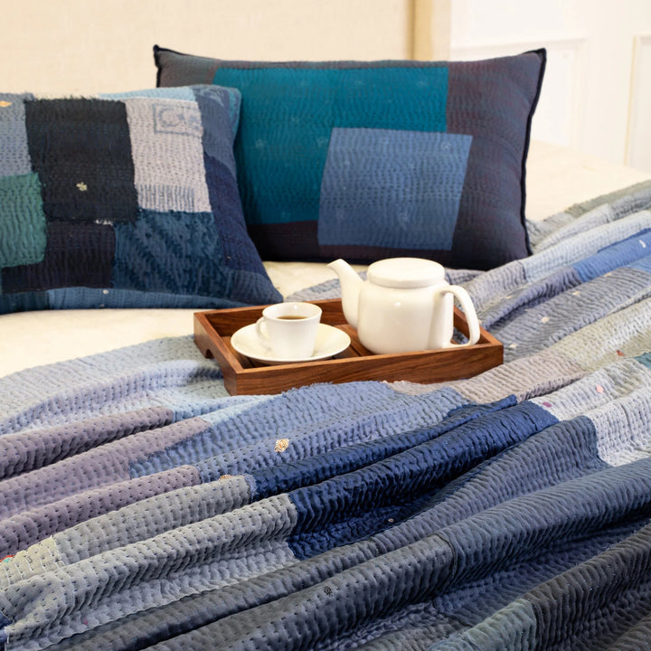 Landscape Fray Patch Vintage Kantha Quilts -Navy