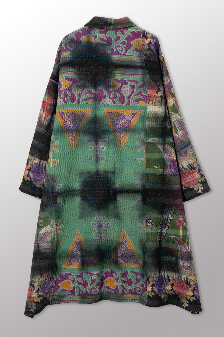 VINTAGE COTTON GREY CLAMP TIE DYE KANTHA  NEW OVERSIZED COAT - su4342-0001a -