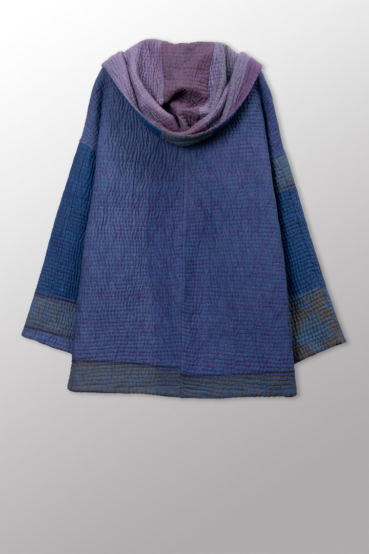 QUILTED OVERDYE COTTON KANTHA HOODED COCOON JACKET (086) - oq5086-cblu001a -