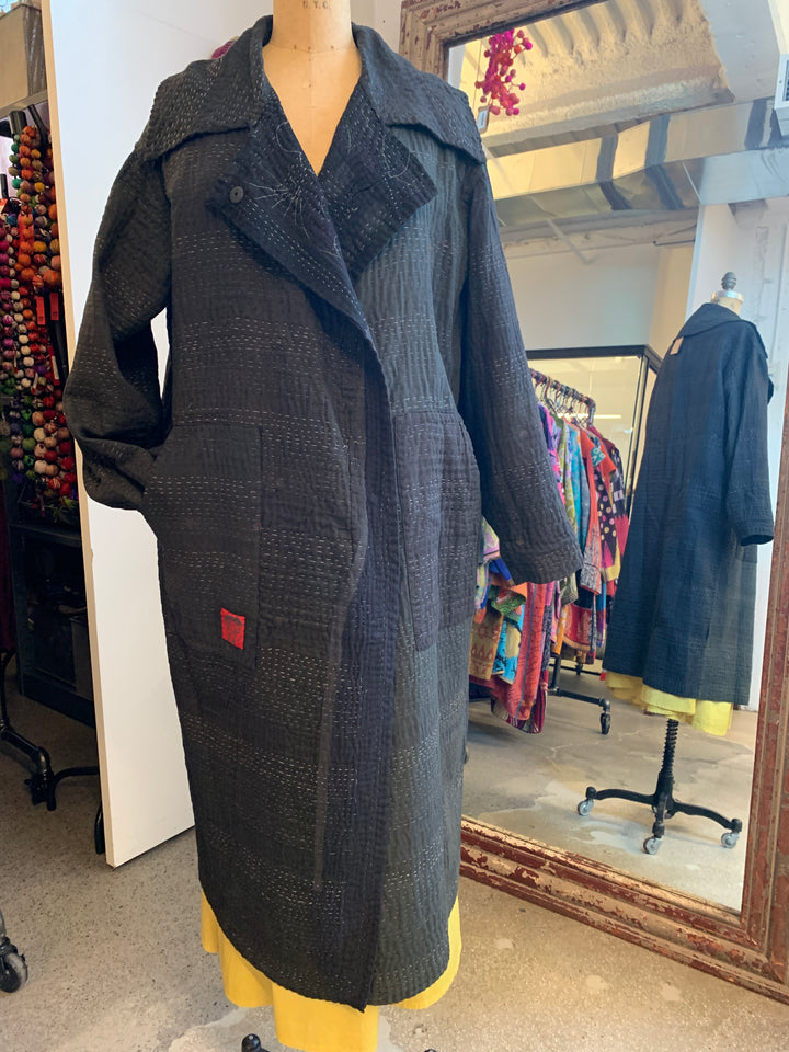 COTTON SILK SW PATCH KANTHA DOUBLE BREAST LONG COAT - ws4340-blk -