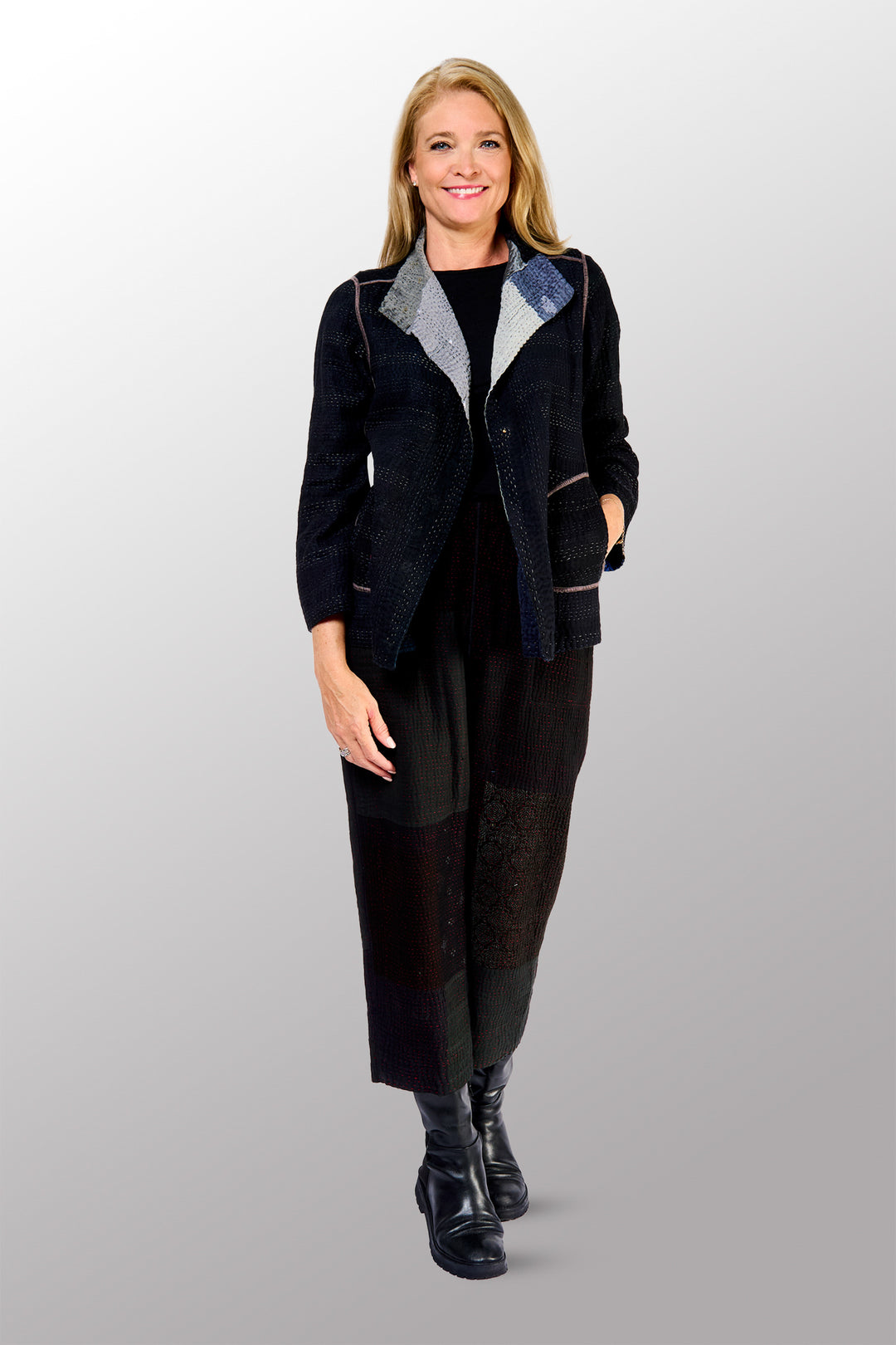 TWO TONE PATCH KANTHA SHORT JACKET - tn4007-blk -