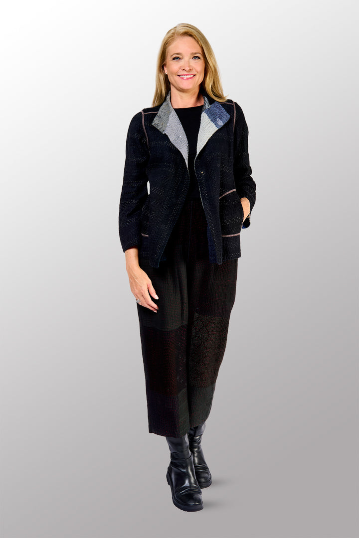 TWO TONE PATCH KANTHA SHORT JACKET - tn4007-blk -