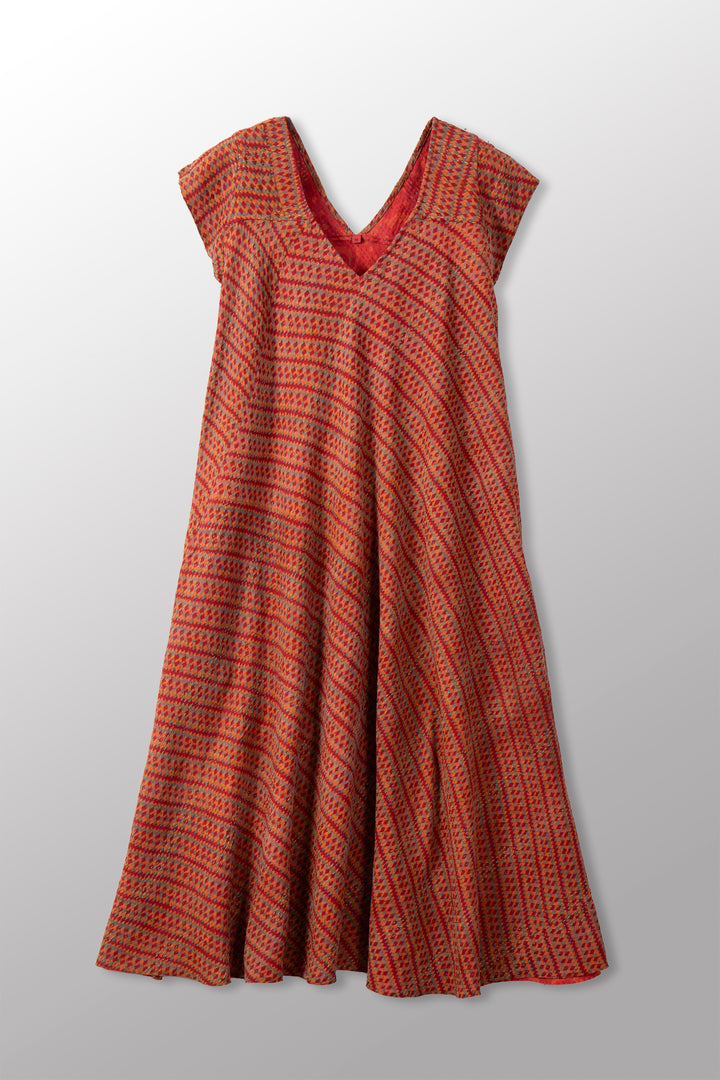 VINTAGE SILK GEORGETTE COTTON KANTHA CAP SLV. FLARE DRESS - gc2425-0003m -