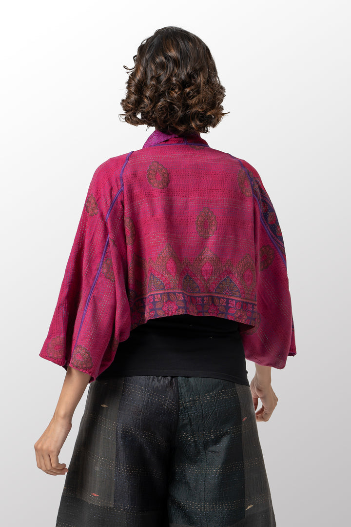 VINTAGE SILK GEORGETTE COTTON KANTHA PUFF SLV. SHRUG - gc2062-0002a -