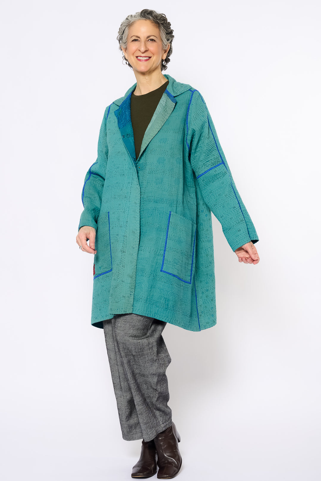 COTTON SILK SW PATCH KANTHA A-LINE DUSTER - ws4311-tuq -