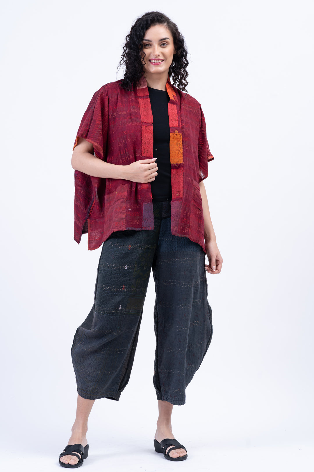 TONAL TILE PATCH KANTHA PONCHO TOP - tt2568-red -