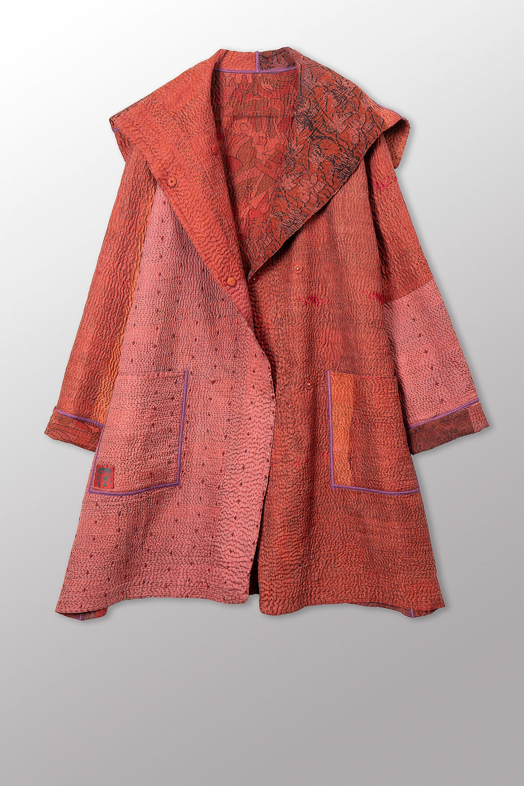 GEORGETTE JACQUARD VINTAGE SILK PATCH KANTHA POCKET MEDIUM COAT - gj4316-org -