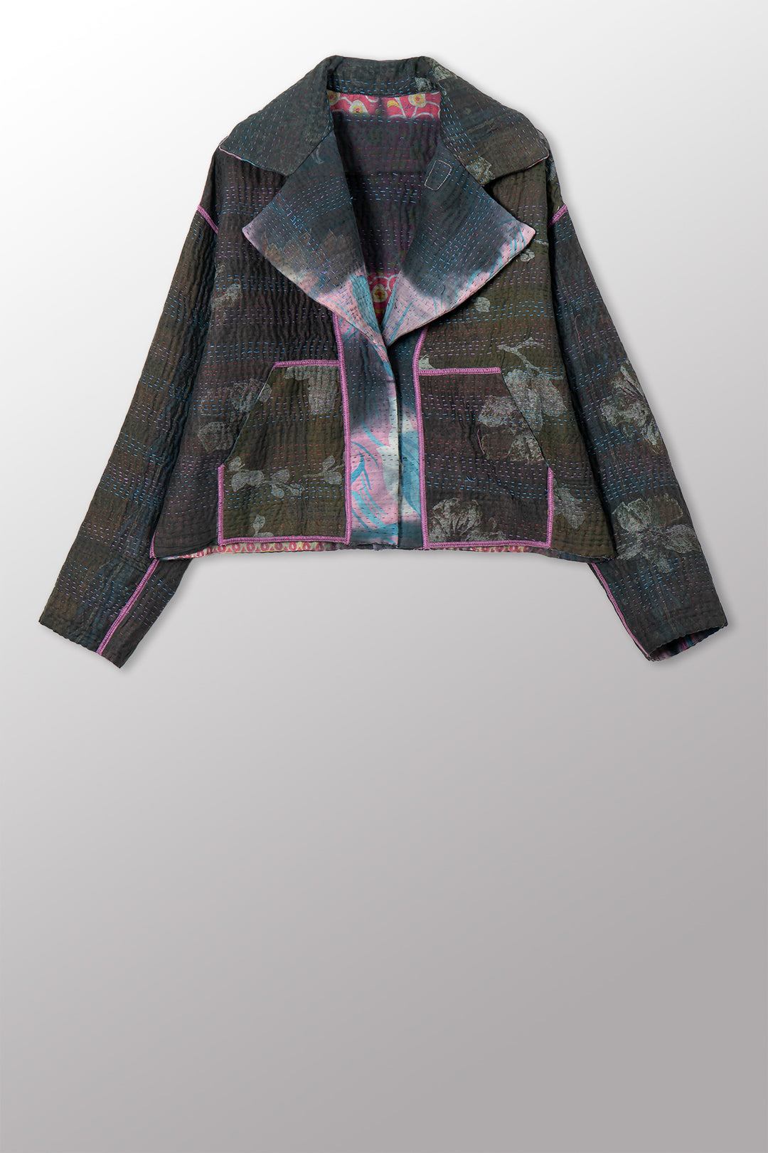 VINTAGE COTTON GREY CLAMP TIE DYE KANTHA NEW LAPELED SHORT JACKET - su4j101-0001s -