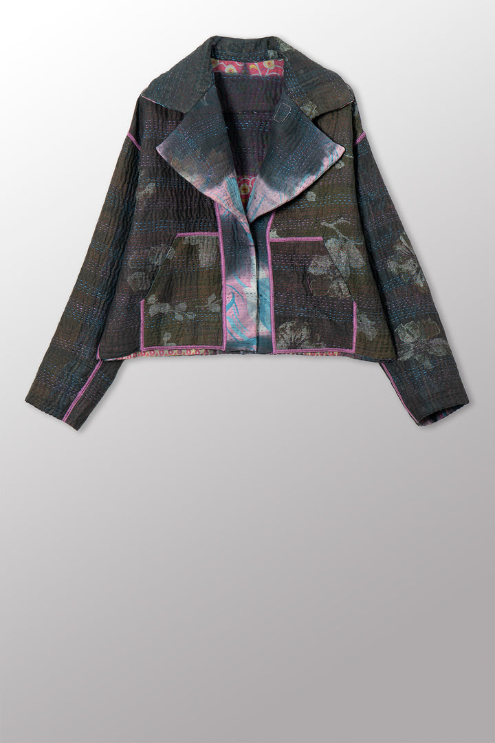 VINTAGE COTTON GREY CLAMP TIE DYE KANTHA NEW LAPELED SHORT JACKET - su4j101-0001s -