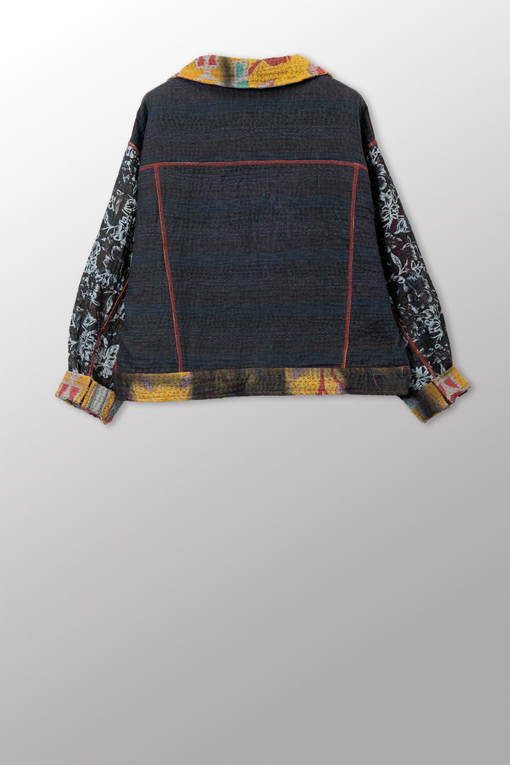 VINTAGE COTTON GREY CLAMP TIE DYE KANTHA OVERSIZED TRUCKER JACKET - su4j107-0001s -