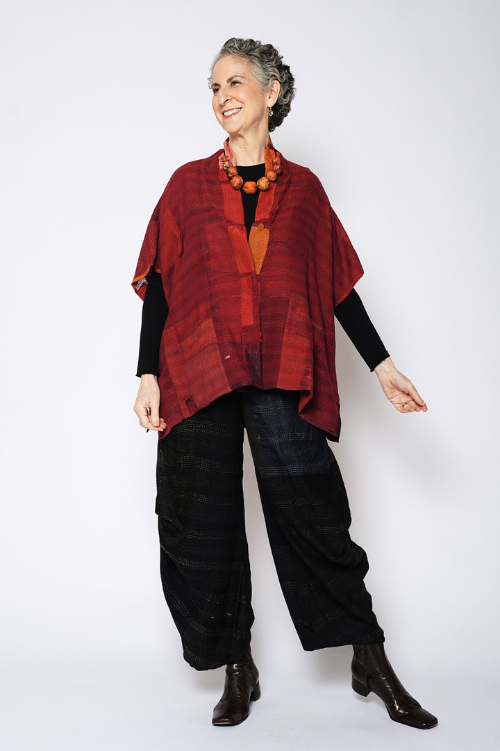 TONAL TILE PATCH KANTHA PONCHO TOP - tt2568-red -