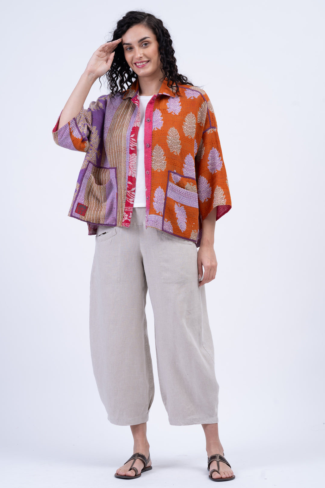 VINTAGE COTTON KANTHA CROPPED TENT SHIRT - cv2596-0002a -