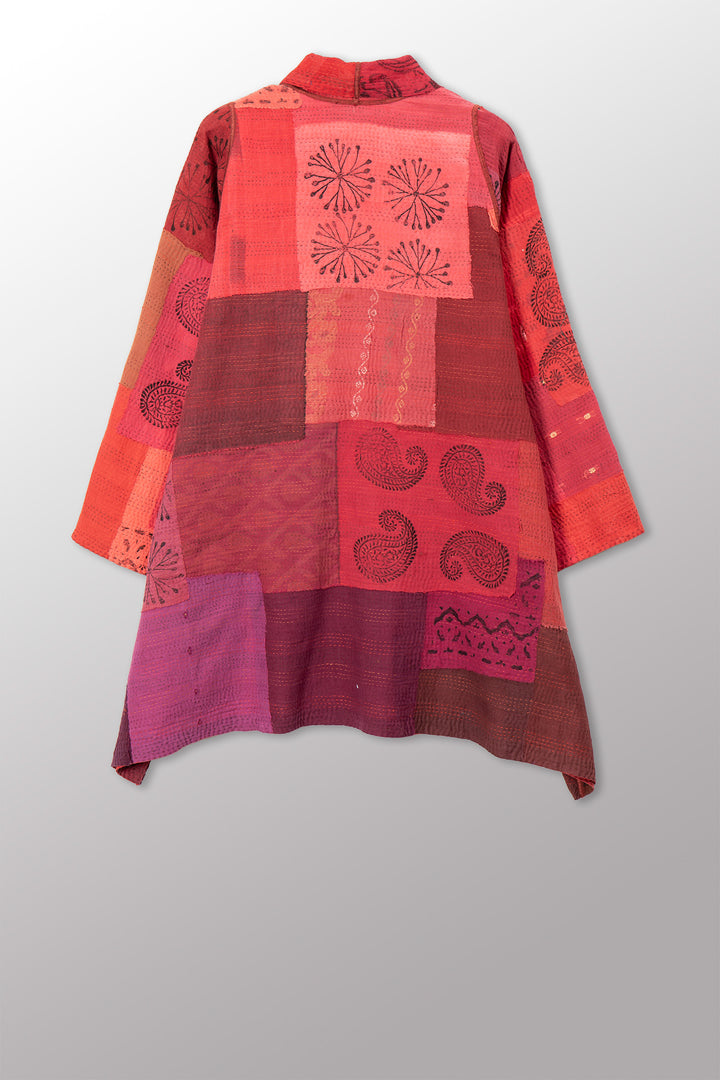 LANDSCAPE FRAYED PATCH KANTHA WITH STAMP A-LINE JKT - sp-lf2003-red -