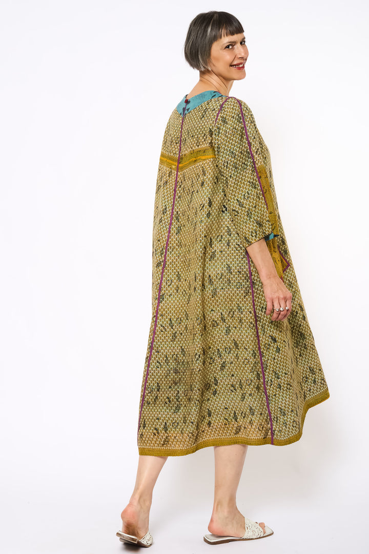 VINTAGE COTTON KANTHA V-NECK FLARE DRESS - cv2457-0003m -