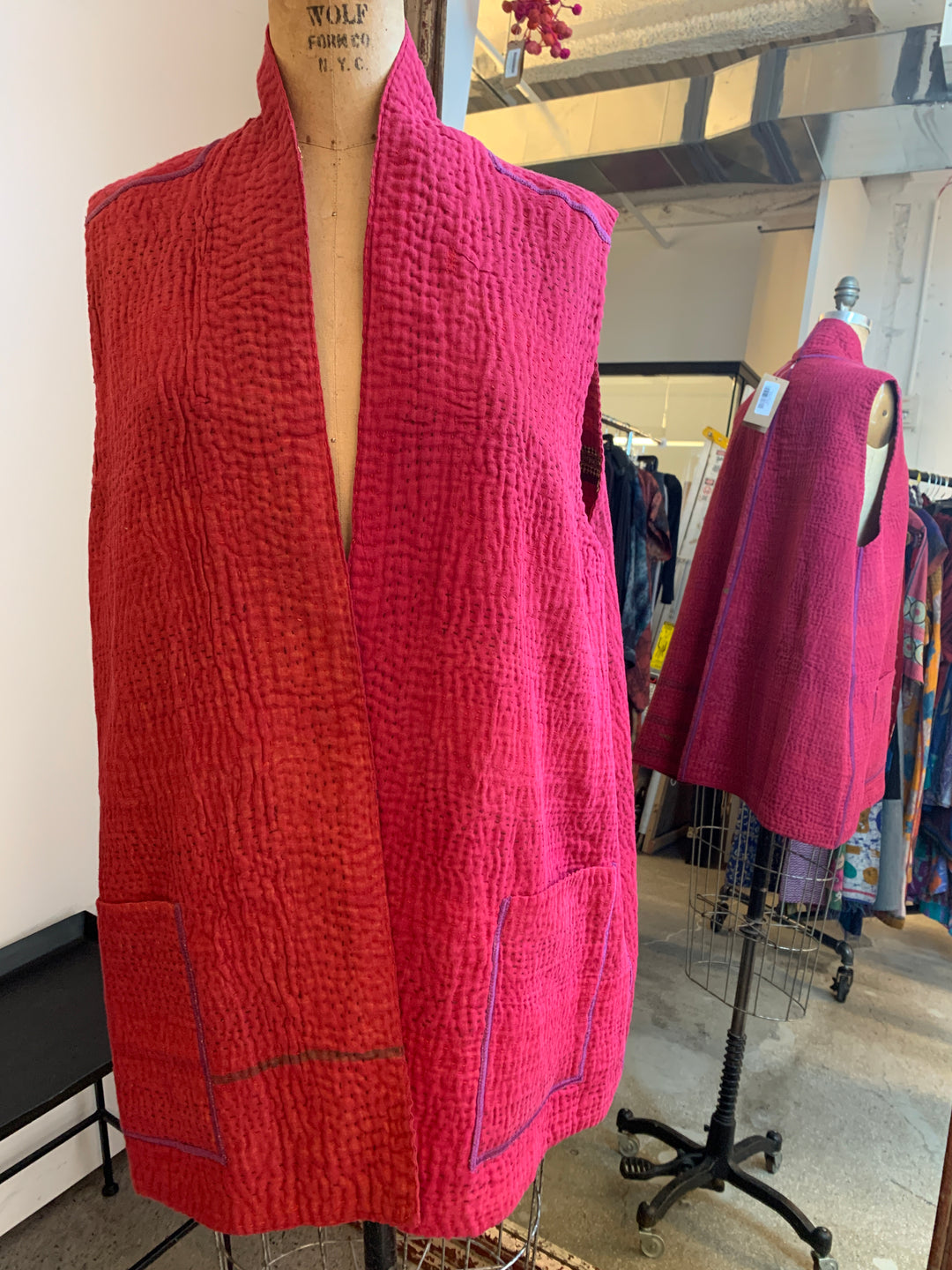 COTTON SILK SW PATCH KANTHA KIMONO VEST SHORT - ws4248-red -