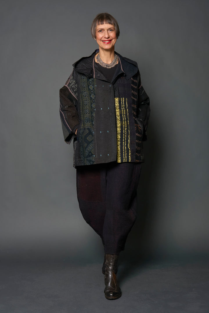 JEWEL WOVEN WITH VERTICAL PATCH KANTHA HOODIE PONCHO - jv4064-blk -