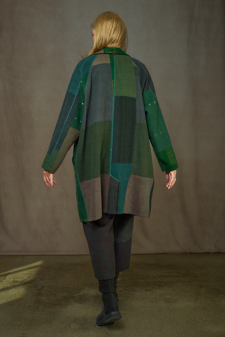 DENIM SUN-DYE KANTHA NEW  RAGLAN SLEEVE COAT - ds3353-grn -